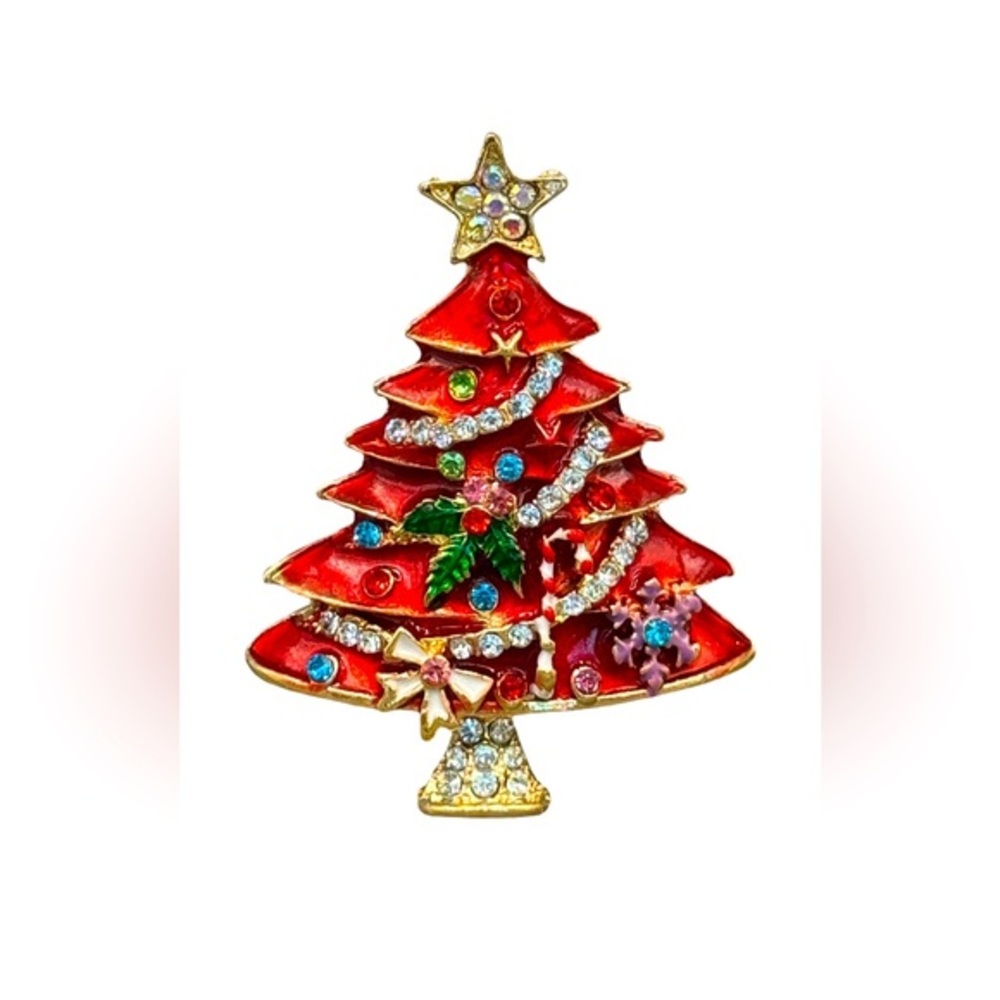 🌻 3/$25 Beautiful Red Rhinestones Christmas Tree Brooch